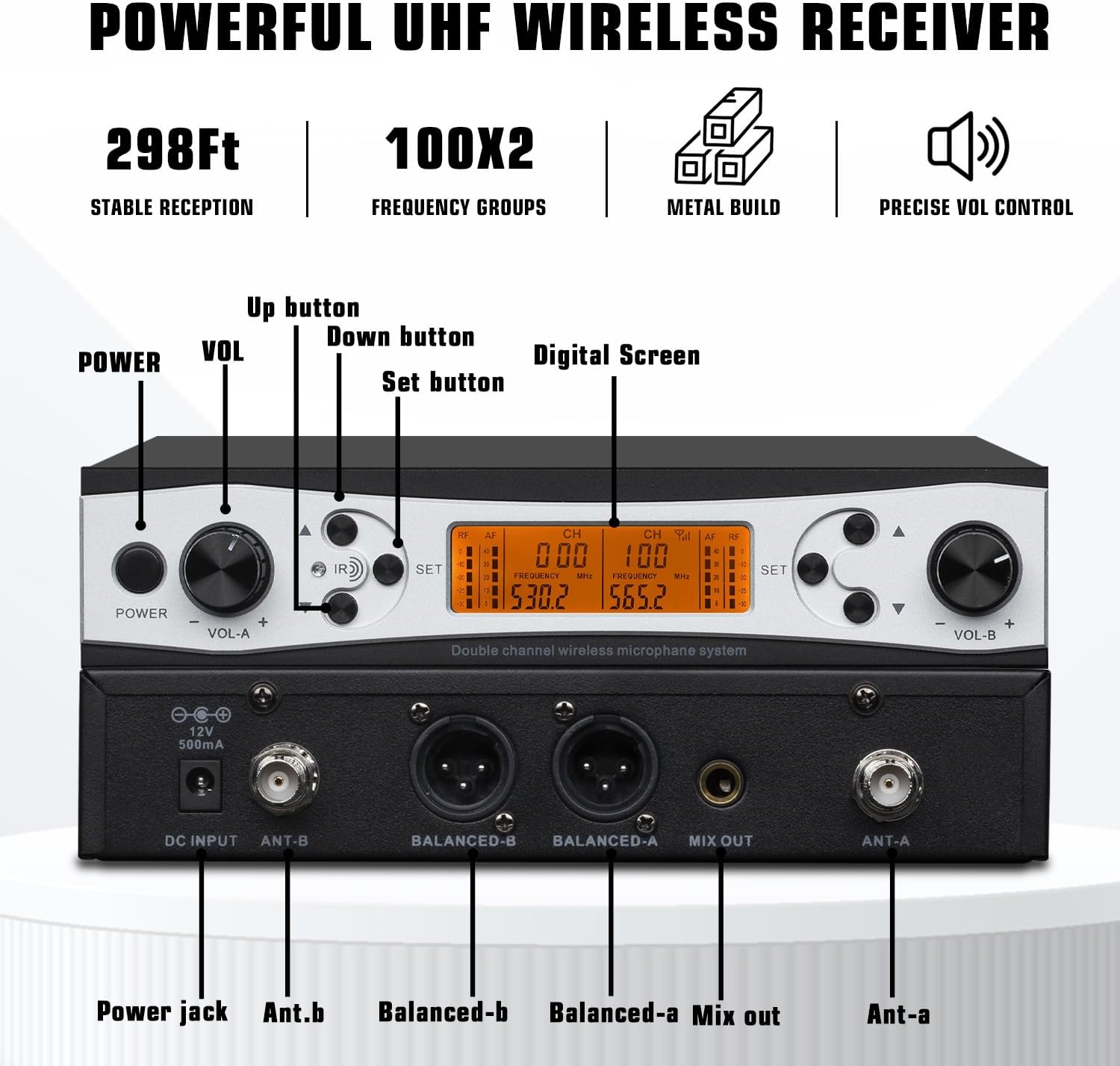 Wireless Microphone System,298ft Range UHF Metal Wireless Dual Professional Cordless Dynamic Handheld Microphone for Karaoke, Meeting, Church, Wedding