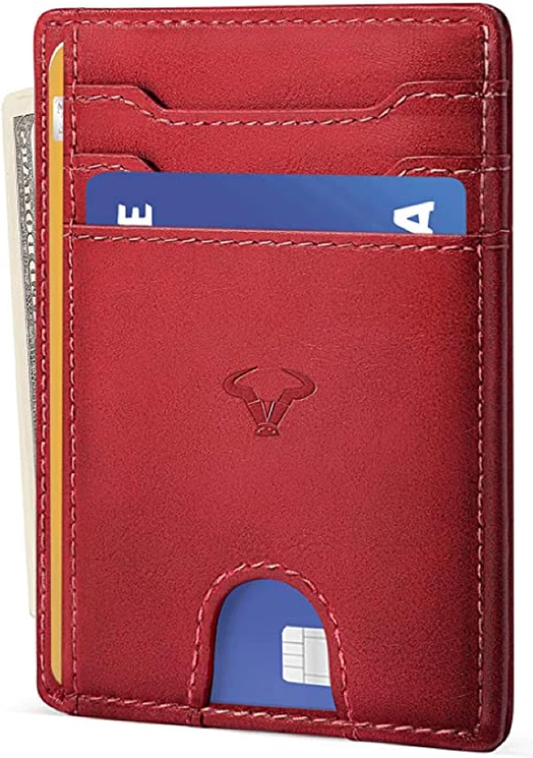 Genuine Leather Slim Wallet | RFID Blocking Skinny Minimal Thin Front Pocket Wallet Sleeve Card Holder for Men | Up to 7 Card Slots Including 1 ID Window (Red)