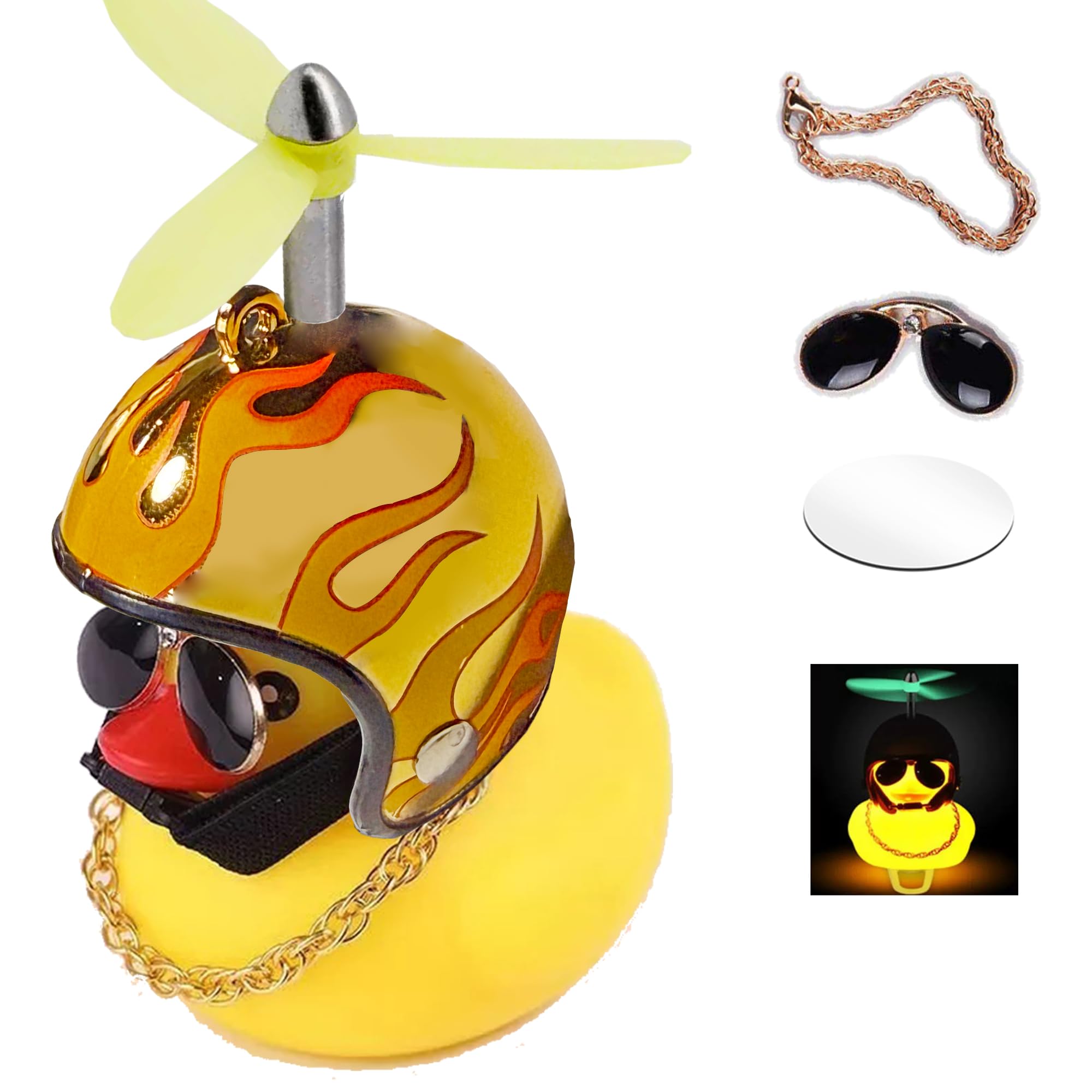 ACEDOAMARE Duck Bike Bell, Cute Rubber Yellow Duck Bicycle Accessories LED Light Propeller Cool Flame Mirror Helmet Squeeze Horns for Cycling Motorcycle Handlebar Bicycle (Mirror gold&Luminous fan)