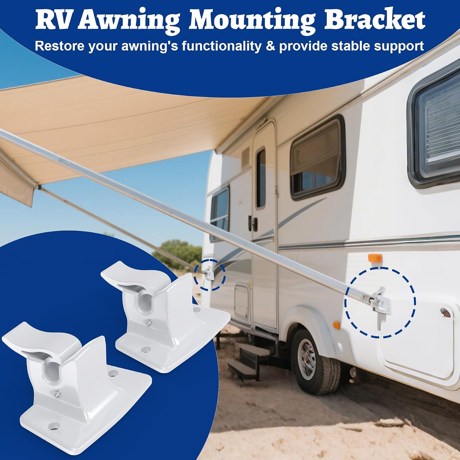 2 Pcs RV Awning Bottom Mounting Brackets, Bottom Mounting Bracket Replacement Assembly for RV Camper Trailer, Camper Awning Parts for 8300 8500 9000 Awning Arms Replacement