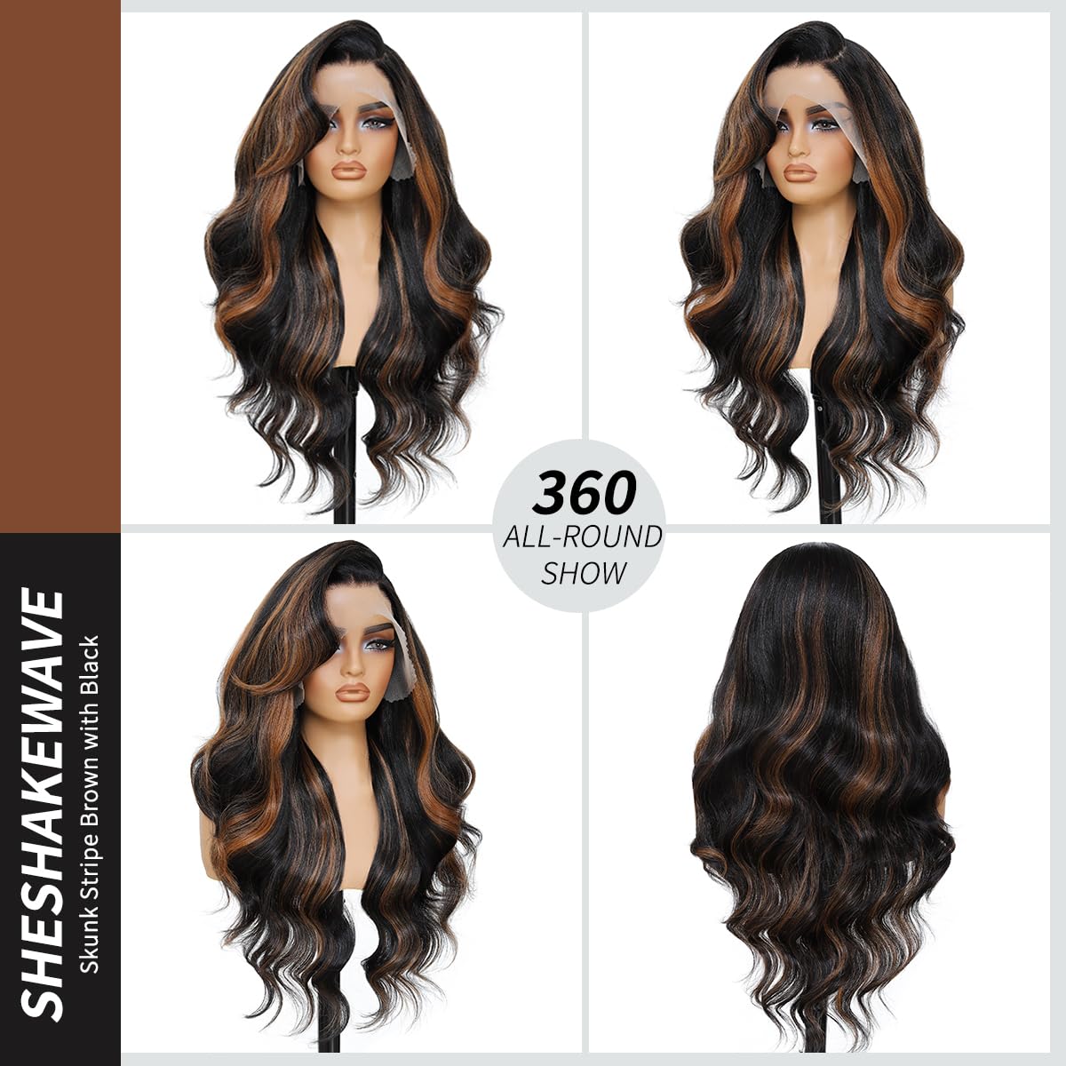13x6 HD Lace Front Wigs Pre Plucked Skunk Stripe Brown with Black Wigs For Women Body Wave Wigs 28 Inch Ready Wear 100% Futura Premium Wig Beginner Friendly Daily Party Use