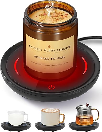 PUSEE Plato calentador de velas grande con 2 ajustes de temperatura, calentador de taza de café con apagado automático, calentador de cera de