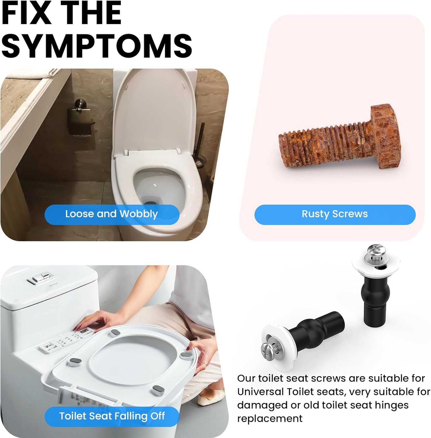 SDTC Tech 6 Pack Toilet Seat Hinge Bolt Screws, Universal Rubber Expansion Seat Cover Screws for Top Mounting Toilet Seat Hinges, 14-16mm Hole