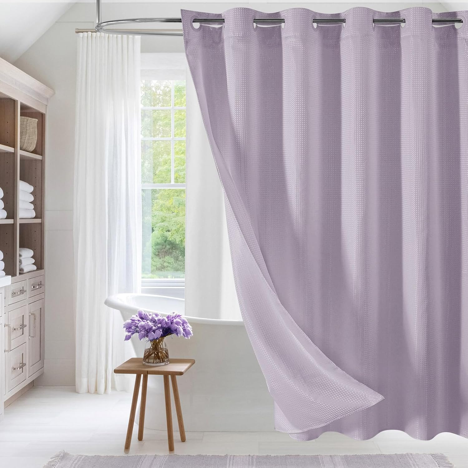 MitoVilla No Hooks Needed Extra Long Shower Curtain Liner Set, Purple 86 inch XL Heavyweight Waffle Fabric Cloth Shower Curtains Set with Snap-in Liner for Modern Luxury Hotel & Spa Bathroom Decor