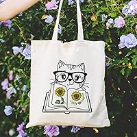 Vista 3 de Andeiltech - Bolsa de lona para mujer, con diseño de gato bonito y estética, bolsas reutilizables para compras y comestibles, con bolsillo