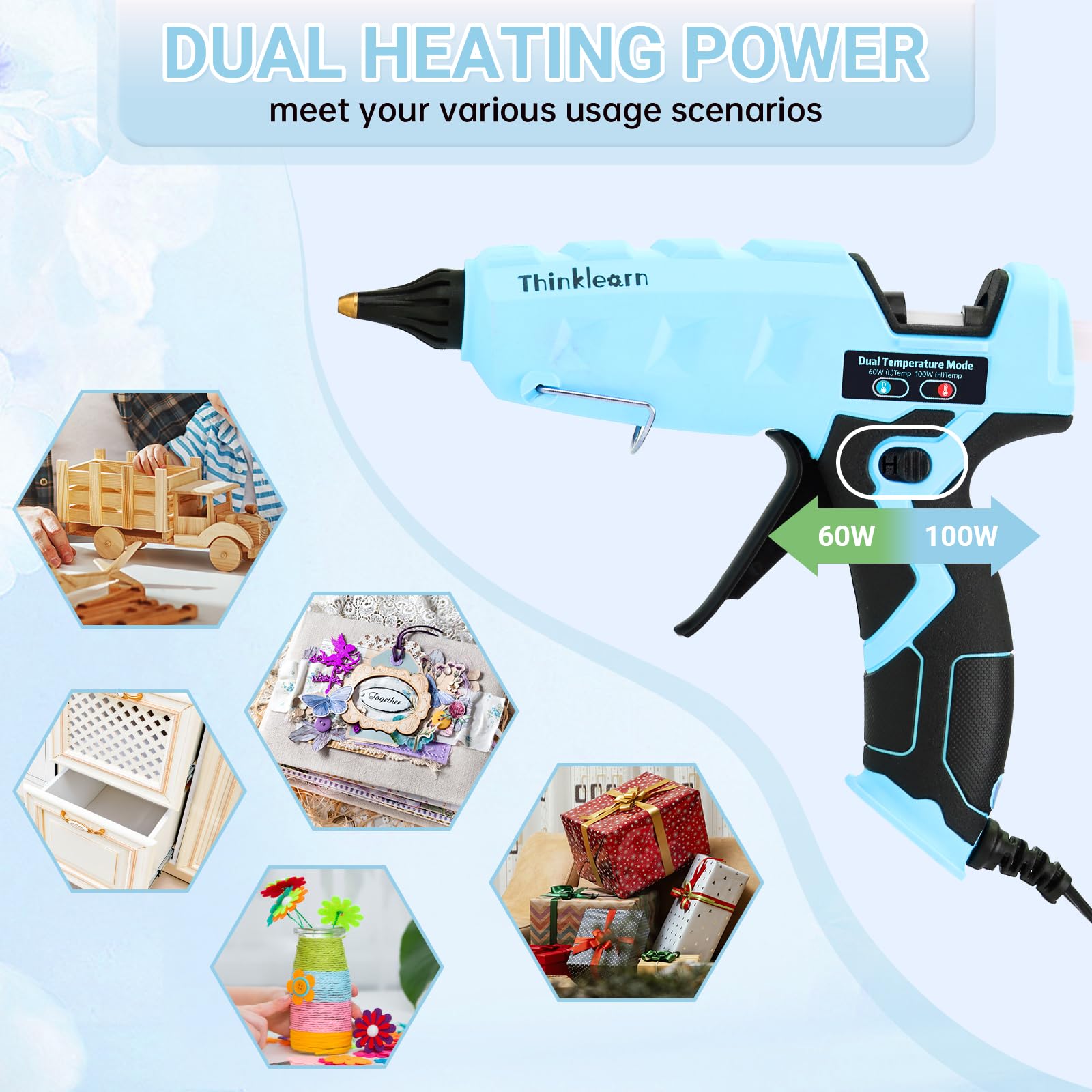 ThinkLearn Kit pistola per colla a caldo a doppia potenza da 60/100 W con 15 bastoncini di colla (7/16"), pistola per colla grande resistente per artigianato, fai da te, riparazioni domestiche, blu