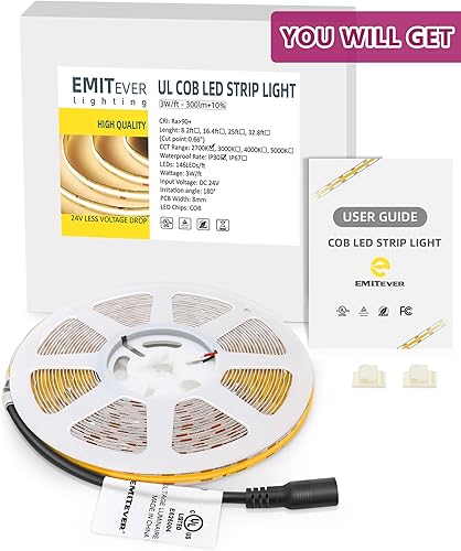 Miniatura 8 de EMITEVER COB - Tira de luces LED de color blanco cálido, cinta de luz de 24 V 2700 K de alta densidad, 300 lúmenes/pie, 2400 LEDs/carrete, Ra 90+,