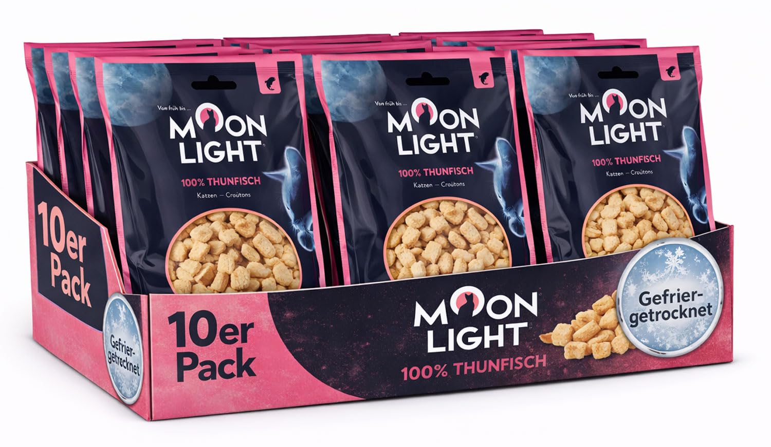 Moonlight Lot de 10 paquets de croûtons pour chat – Thon, lyophilisé, 100 % thon, snack & garniture pour chat de qualité supérieure, sans céréales ni sucre