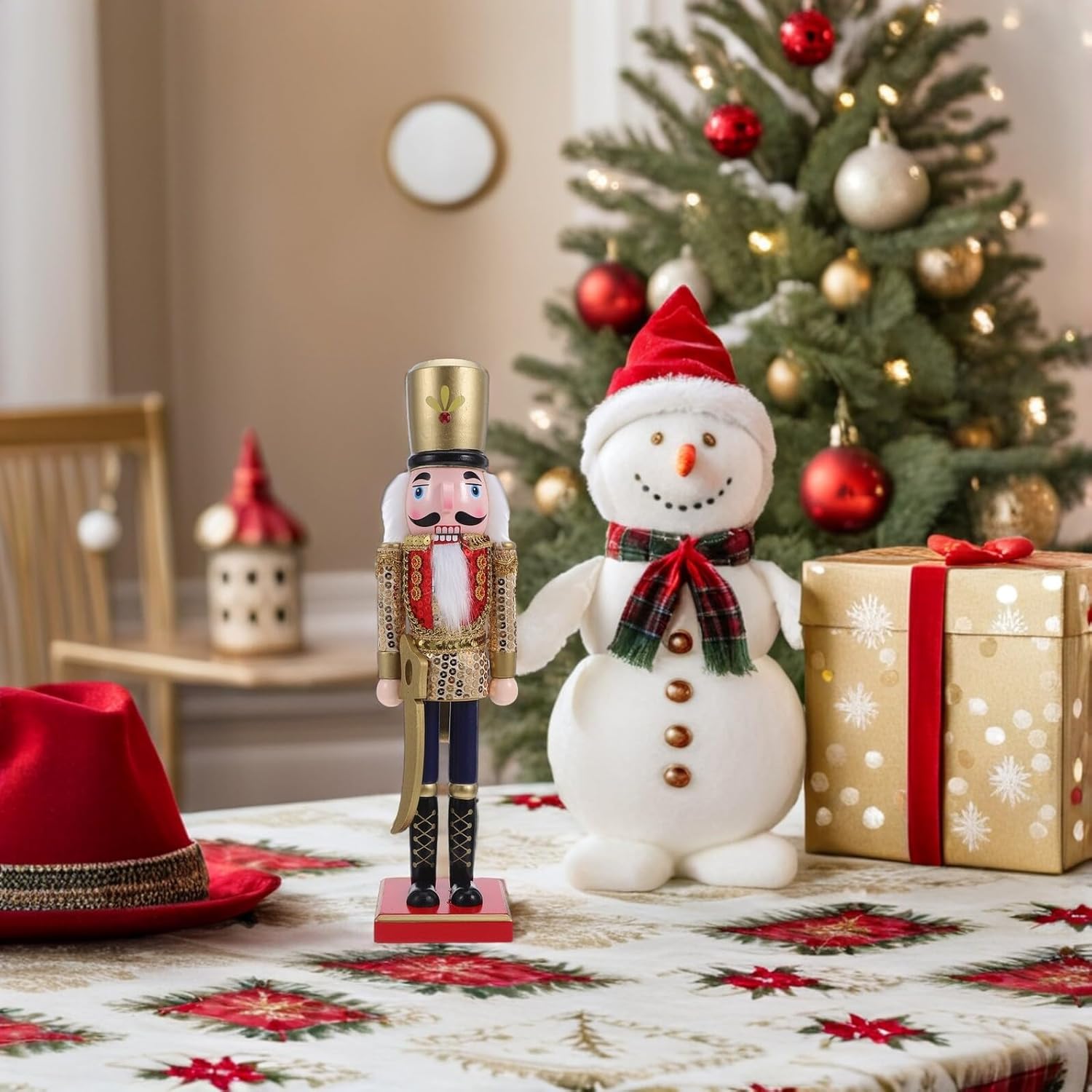 Ciieeo Christmas Nutcracker Table Statue 38cm Wooden Glitter Sequins Nutcracker Soldier Figurine Desktop Holiday Decoration for Winter Festival