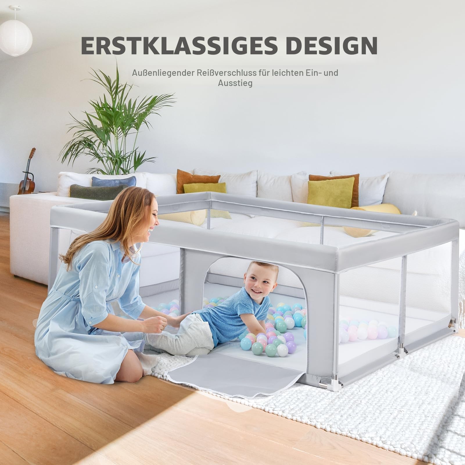 BEJOY Großer Laufstall Laufgitter XXL 180*200 cm, Kompakt und Stark, Schaumstoffschutz Rutschfester mit Transparentem, Atmungsaktivem Netz, Reißverschluss für Babys & Kleinkinder Indoor & Outdoor