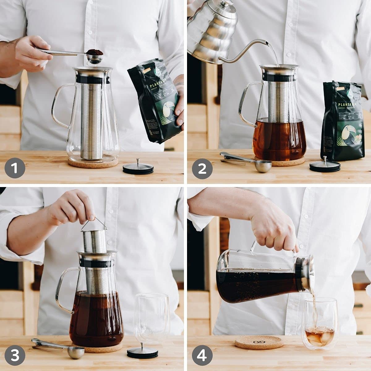 buntfink MultiPitcher zaparzacz do kawy 3 w 1 do Cold Brew Coffee | szklana karafka 1,5 l | karafka na wodę z pokrywką ze stali nierdzewnej | zaparzacz do kawy na zimno i herbaty | bez plastiku