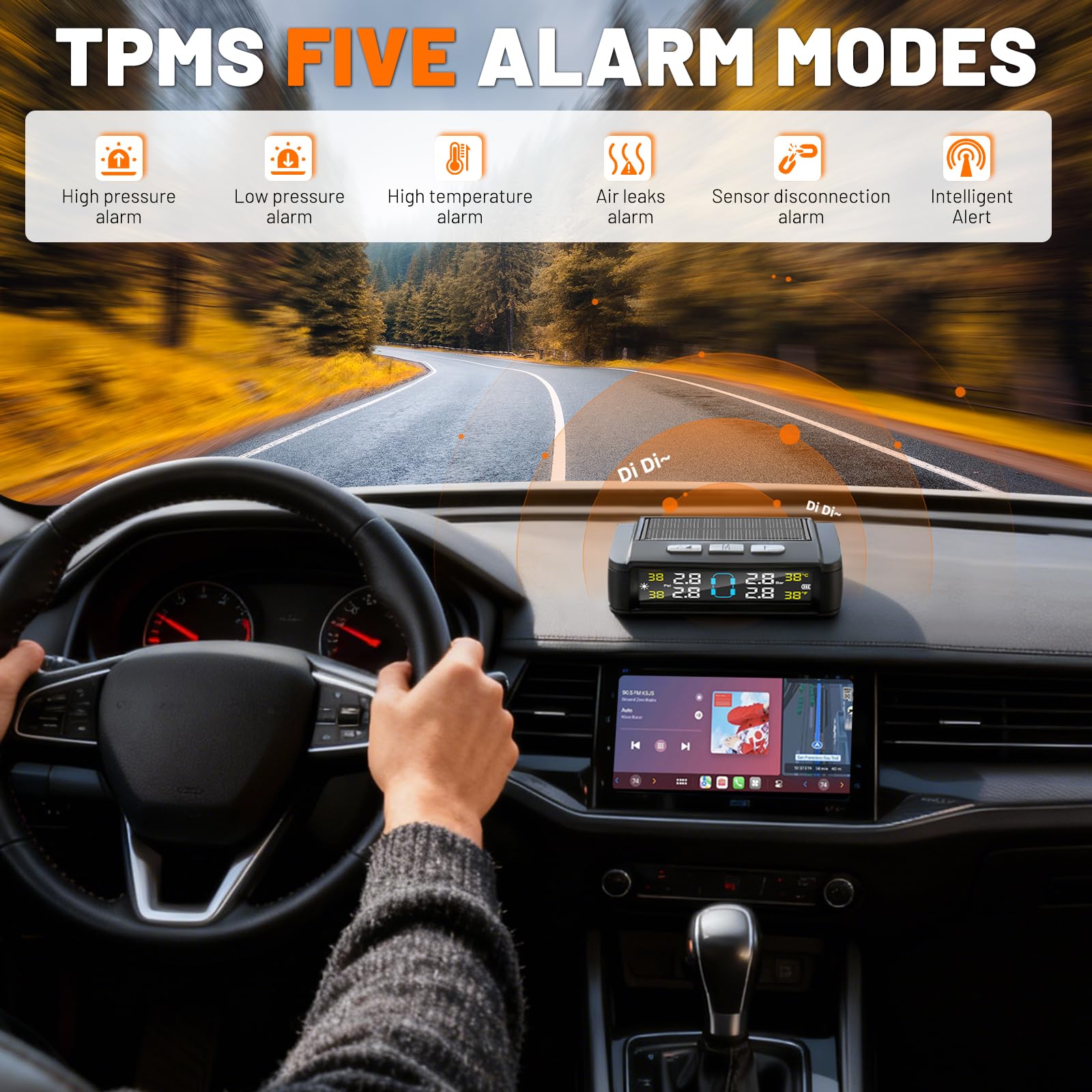 Sistema di monitoraggio della pressione dei pneumatici TPMS (0-6bar) con 4 sensori di pressione degli pneumatici integrati, 5 modalità di allarme (pressione di temperatura, ecc.), universale a