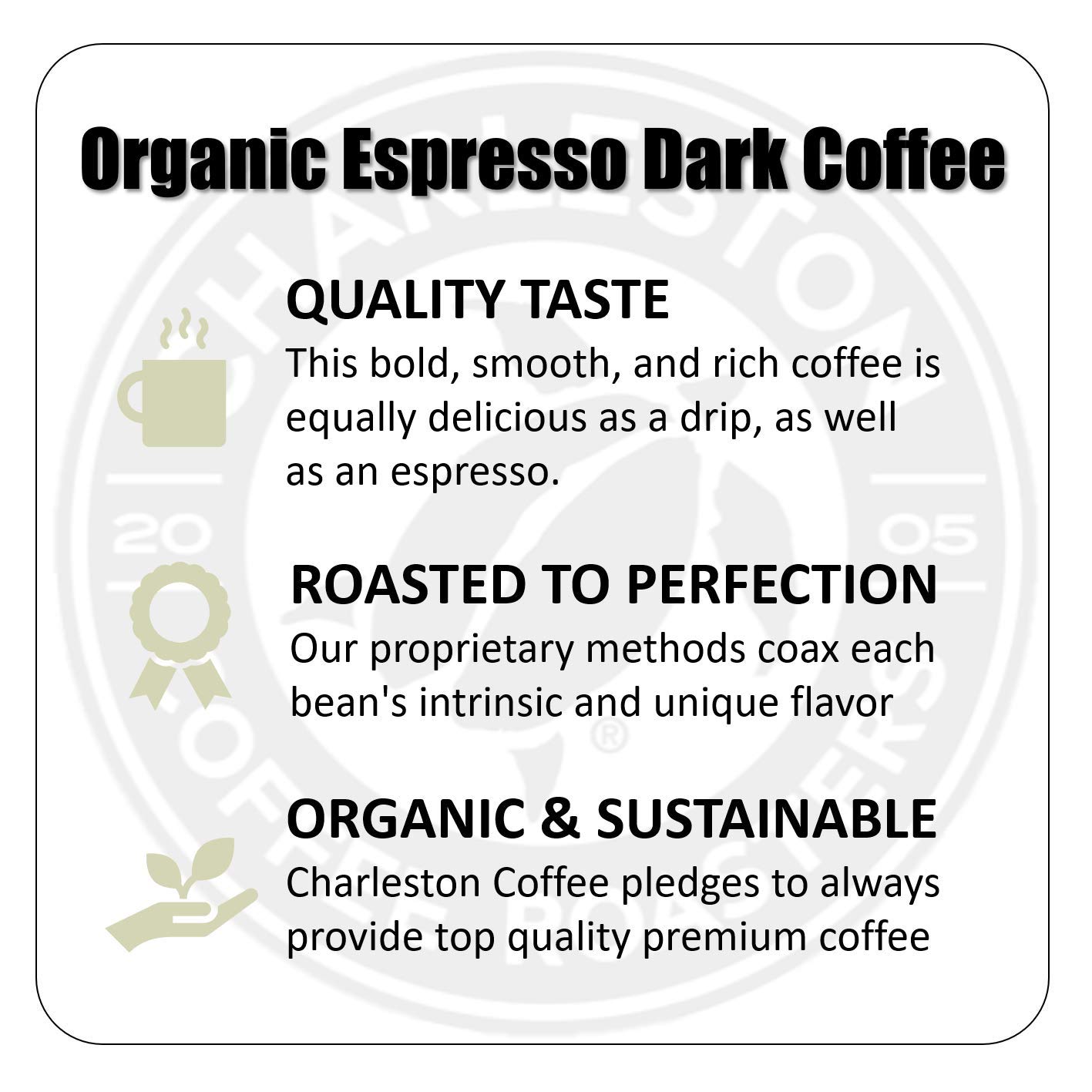 Charleston Coffee Roasters | Specialty Organic Ground Coffee | Hand Picked, Premium Slow Roast (Espresso, Dark Roast) 12oz
