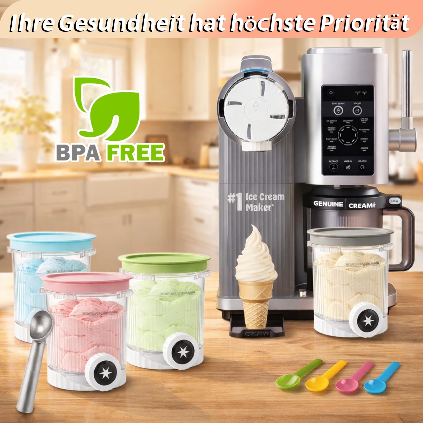 4 Stück Behälter für Ninja Swirl by CREAMi Softeis- & Eismaschine, Swirl Pints und Deckel kompatibel mit Ninja NC700 NC701EU Serie, BPA-frei & Spülmaschinenfest, 1 Metallschaufel und 4 Löffel