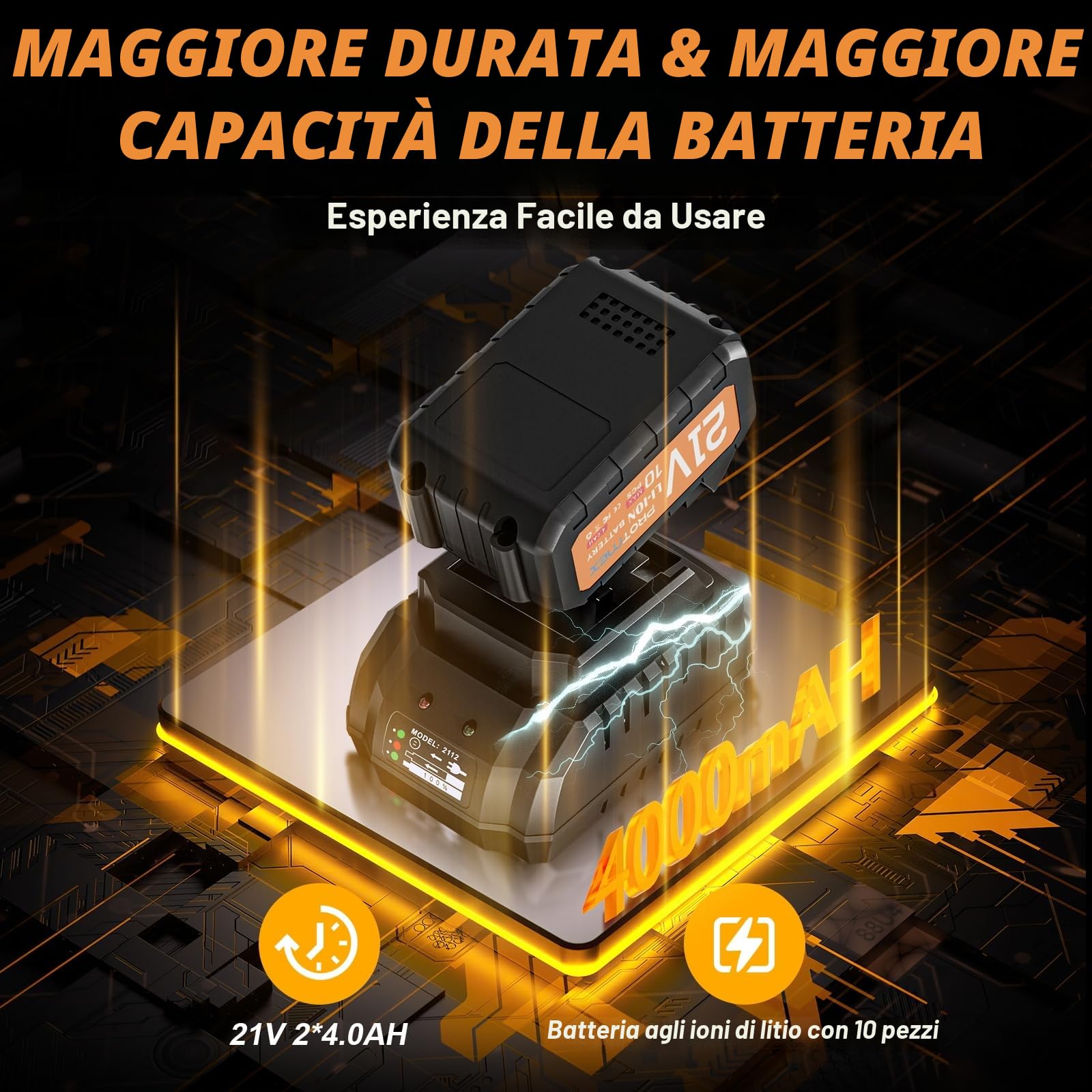 Protmex Avvitatore a Impulsi Senza Filo, 1200 Nm di Coppia Massima, Chiave a Percussione 1/2" ad Alta Potenza con 2 Batterie da 4,0 Ah e Caricabatterie, Adatto per Auto Familiare/Pickup/Tosaerba