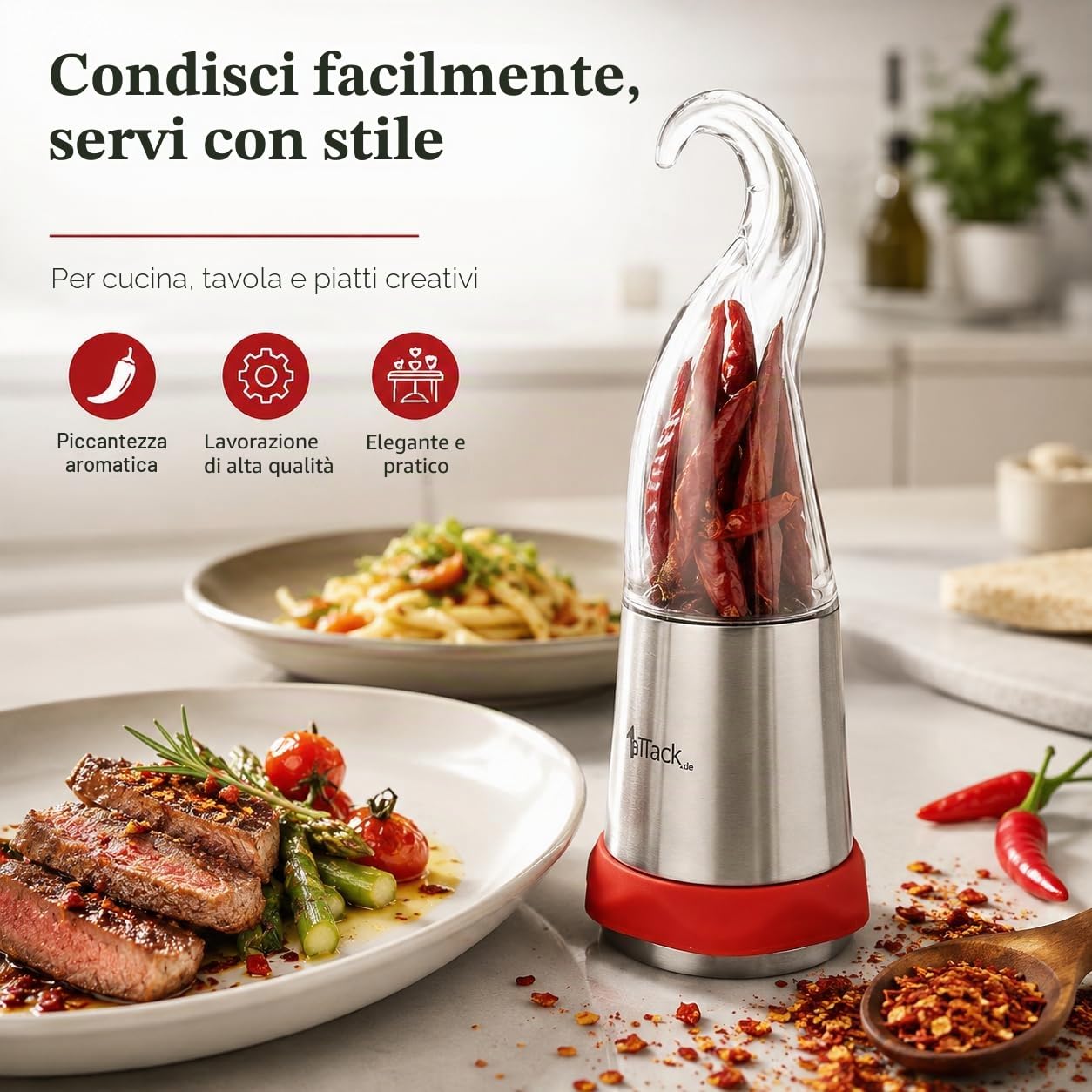 1aTTack.de Macinino per Peperoncino e Spezie, per Fiocchi e Peperoncini Secchi, Macinaspezie Originale a Forma di Peperoncino per Cucina e Tavola, 80 ml