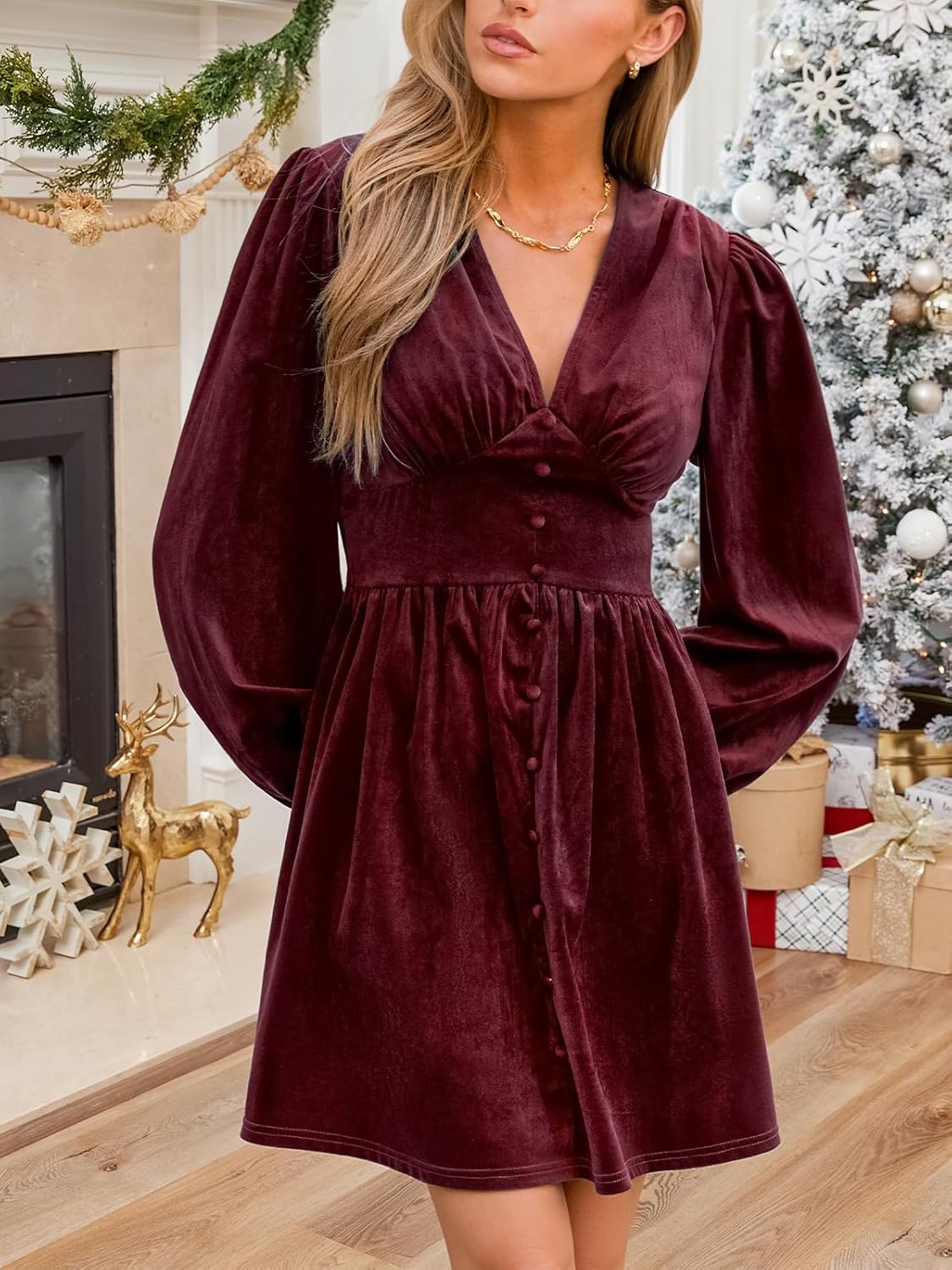 CUPSHE Women's Mini Party Dresses V Neck Button Long Sleeve Smocked Tunic Waist Casual Short Flowy Fall Cocktail Dress - Image 5