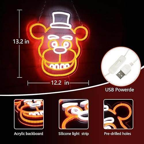 Miniatura 5 de AHlove Five Nights at Freddy'sfnaf Freddy - Letreros de neón para decoración de pared, luces LED de neón para dormitorio, cumpleaños, regalos de