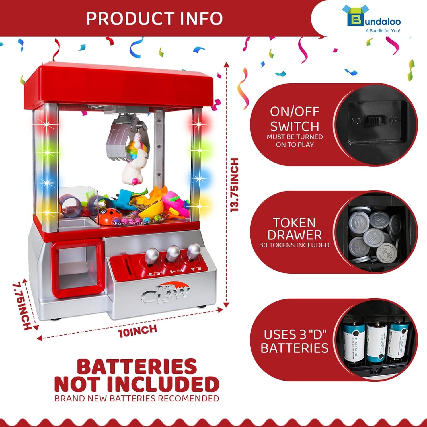 Bundaloo Claw Machine Arcade Game with Sound, Cool Fun Mini Candy Grabber Prize Dispenser Vending Toy for Kids, Boys & Girls (W/Flashing Lights)