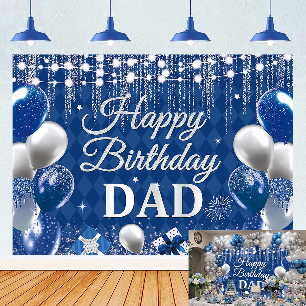 Happy Birthday Dad Backdrop Blue Silvery Glitter Balloons Fathers Birthday Father's Day Party Photography Background Mens Daddy Family Party Decor