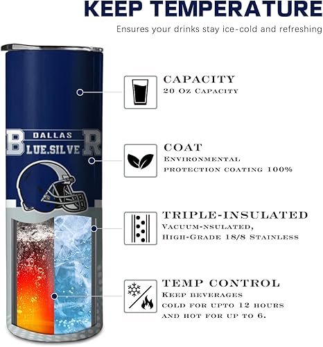 Miniatura 5 de Dallas Football City - Vaso de acero inoxidable de 20 onzas con tapa y pajilla, para los fanáticos del fútbol, para hombres y mujeres, regalo, vaso
