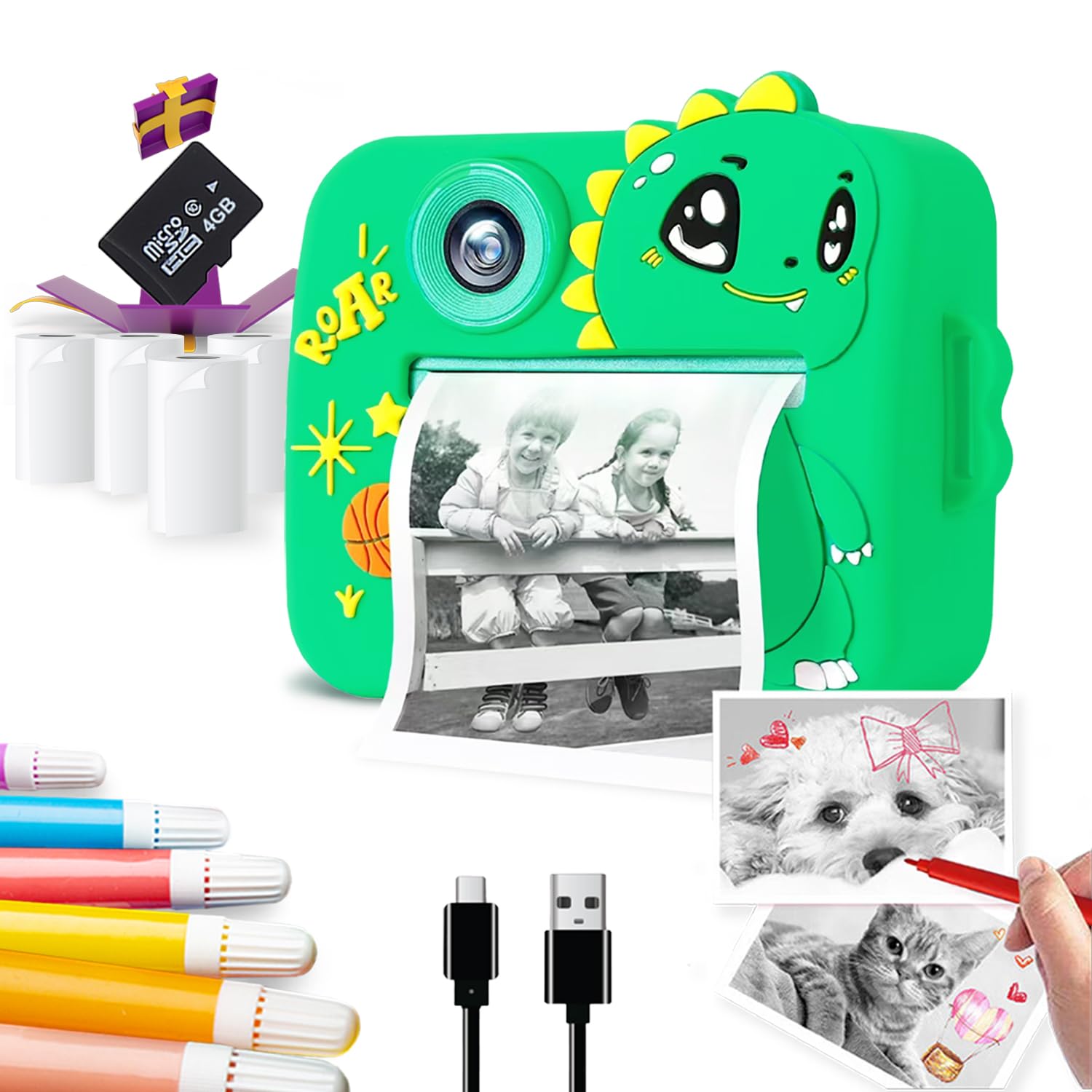 Wembley DIY Instant Print Camera for Kids 3+| Includes Print Rolls, 4GB SD Card & Strap| Fun & Rechargeable Birthday Gift for Boys & Girls (Dino)-picture-13