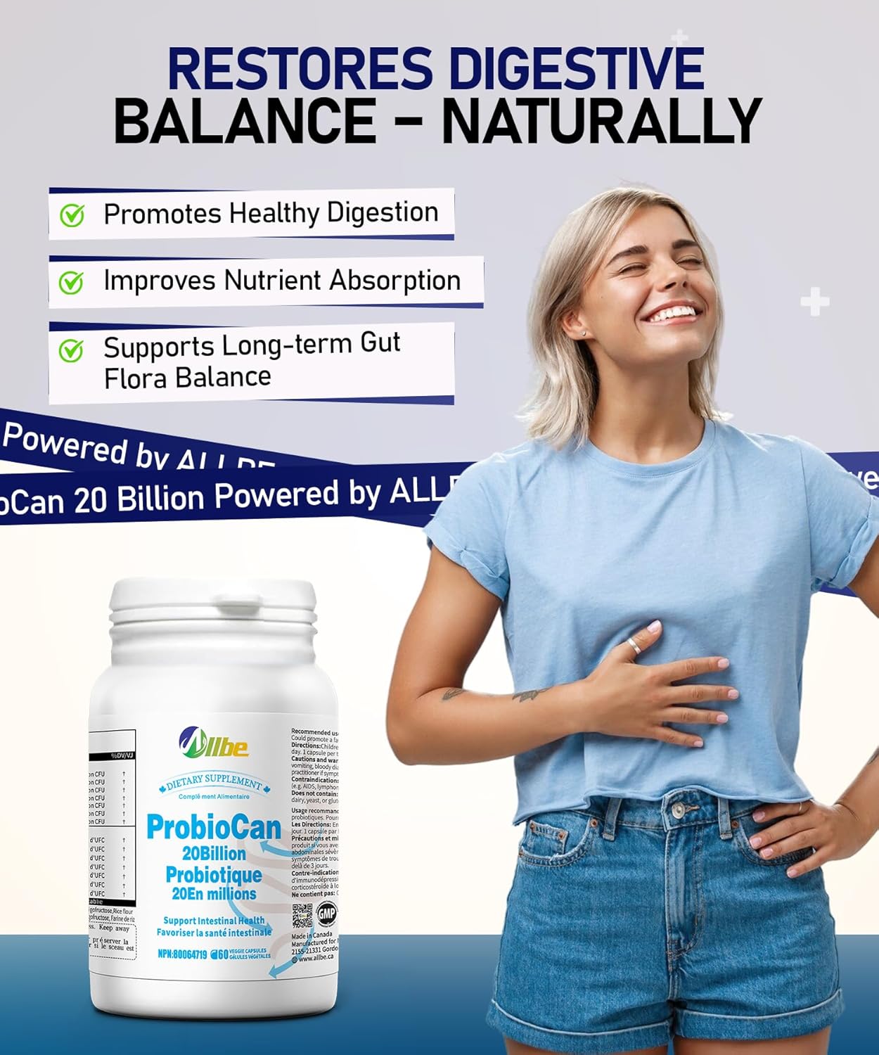 Allbe Probiocan 𝟮𝟬 𝗕𝗶𝗹𝗹𝗶𝗼𝗻 𝗖𝗙𝗨 𝗣𝗿𝗼𝗯𝗶𝗼𝘁𝗶𝗰𝘀 𝗳𝗼𝗿 𝗗𝗶𝗴𝗲𝘀𝘁𝗶𝘃𝗲 𝗛𝗲𝗮𝗹𝘁𝗵, 7 Strains of Probiotic for Women, 4 Packs of 60 Capsules (240 Days Supply)