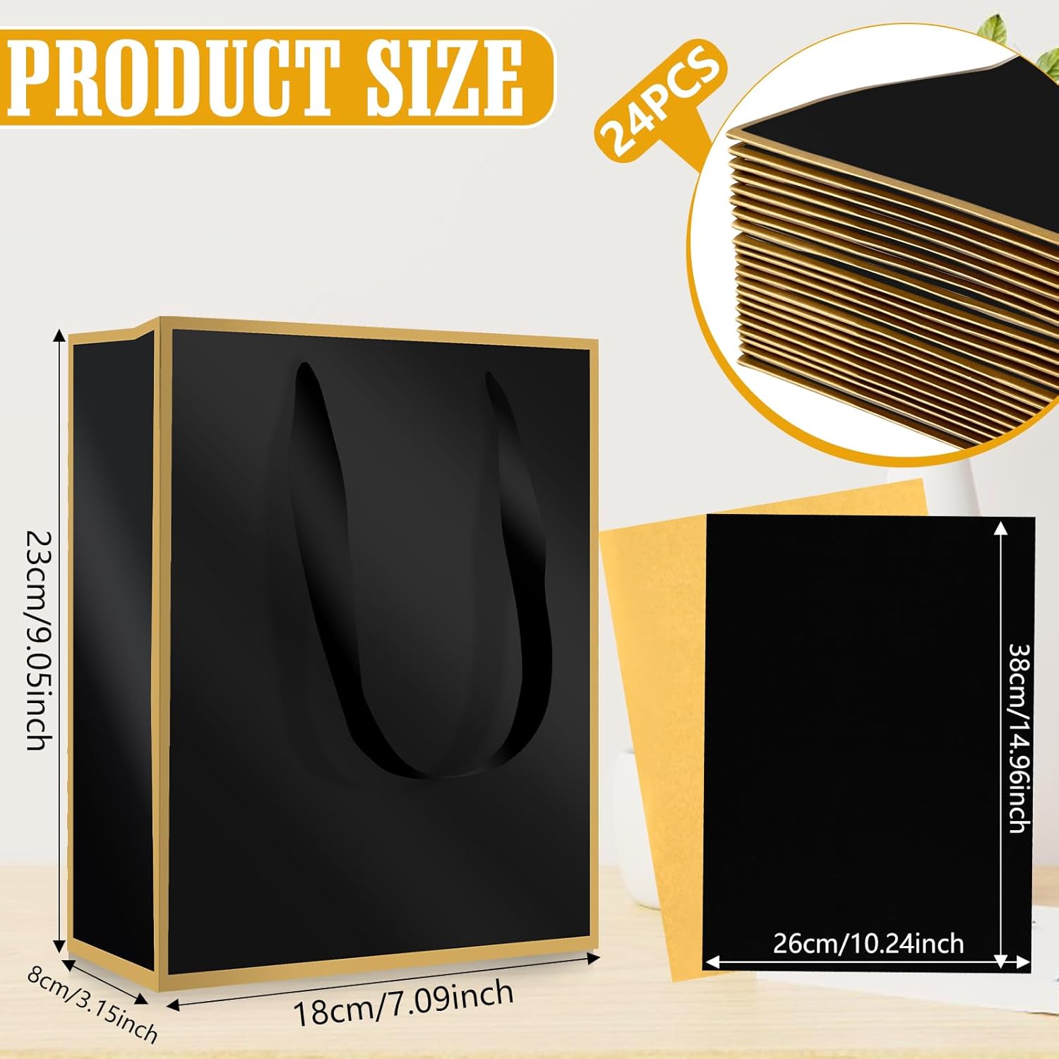 IWOLOMI 24 Pack Metallic Paper Gift Bags with Handle and Tissue Paper, 5 Senses Gift Bags for Him Her with Labels Thank You Bag for Wedding Bridal Valentines Day Gifts Bag 9 x 4 x 7''(Black Gold) - Image 2