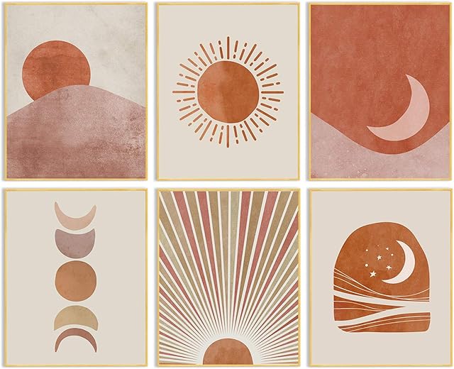 Boho Wall Art Sun Prints - Bohemian Abstract Poster Pictures Mid Century Moon Phase Natural Artwork Minimalist Paper Card 6PCS Unframed 8 x 10 Inches Painting Home Living Room Bedroom Bathroom Decor