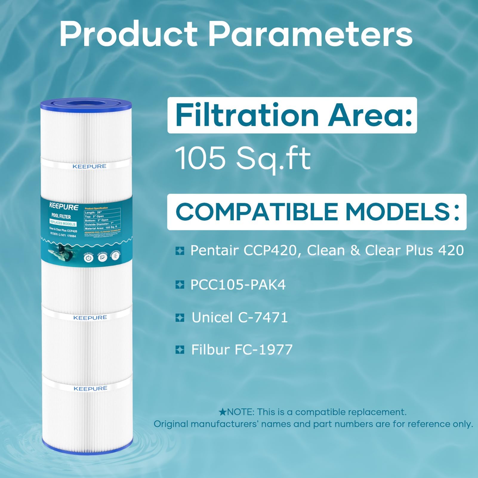 CCP420 - Cartuchos de filtro de piscina compatibles con PCC105, C-7471, 178584, Clean and Clear Plus 420, PCC105-PAK4, 178584, FC-1977, Clean and Clear Plus 420, Ultral-A6, R173576, 4 x 105