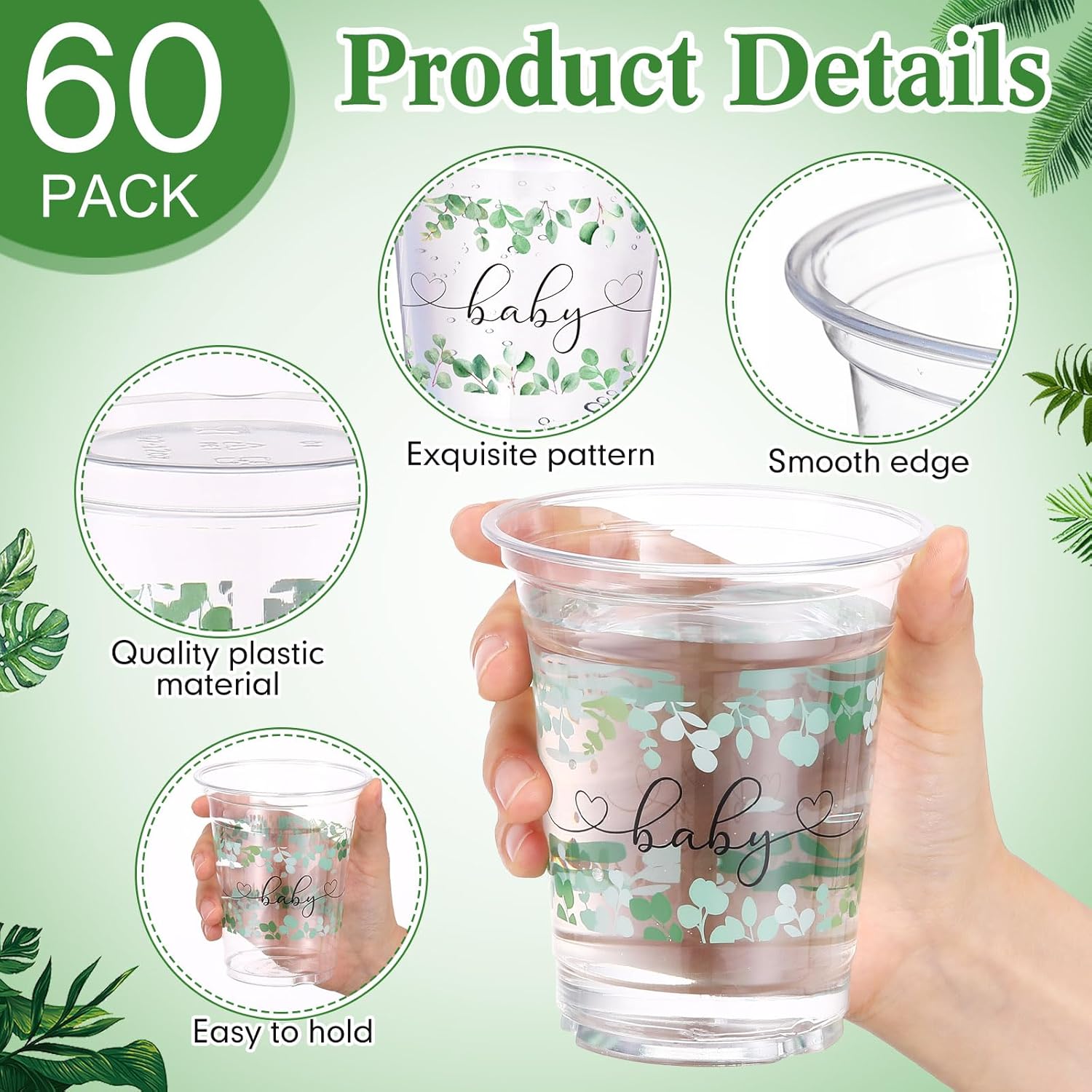 60 Pack Sage Eucalyptus Baby Shower Plastic Cups 12 oz Sage Greenery Disposable Clear Plastic Cups for Baby Shower Birthday Boho Greenly Party Decorations Supplies - Image 3