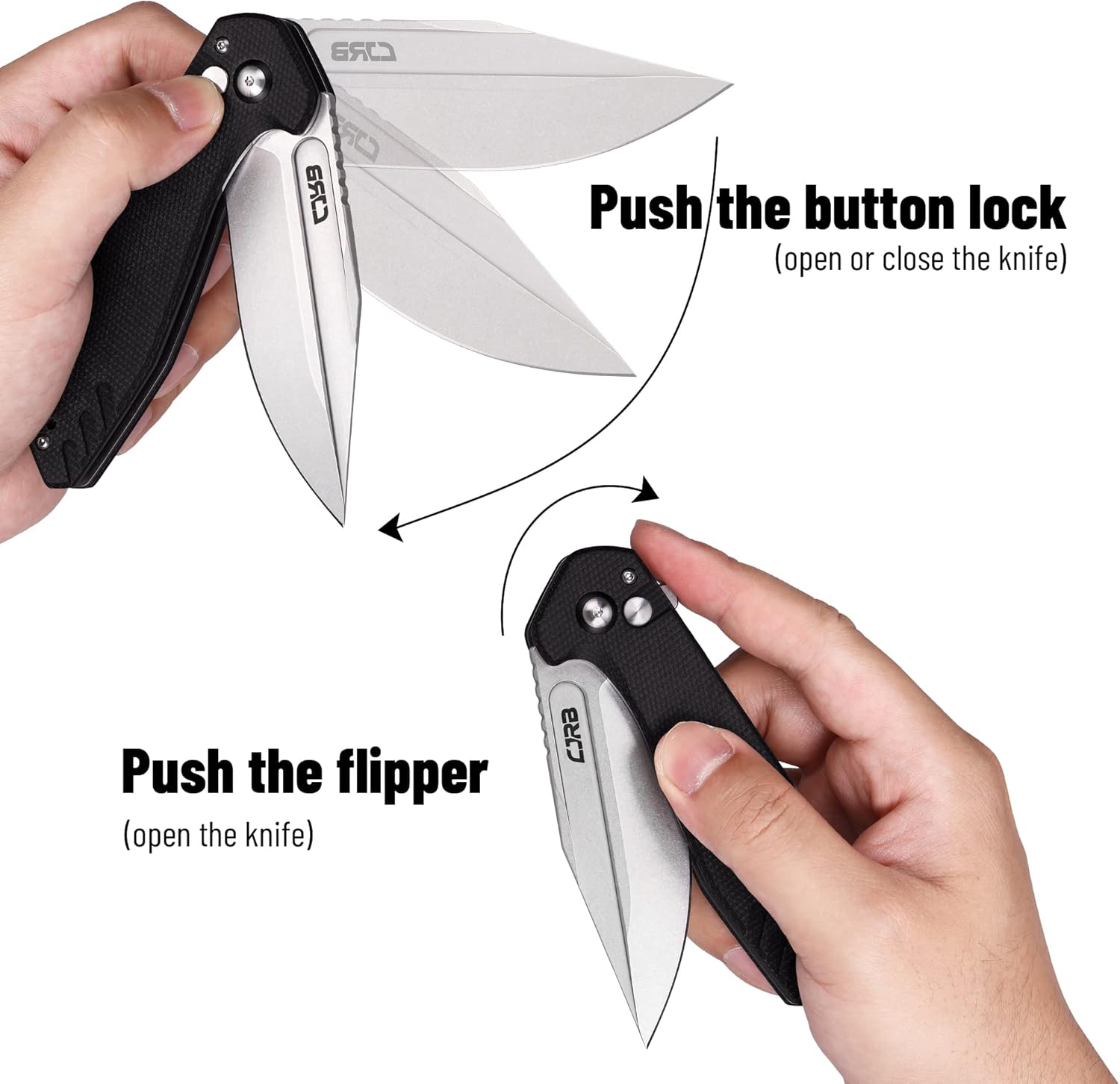 CJRB CUTLERY Folding Knife Riff (J1928) Button Lock Pocket Knife for Men AR-RPM9 Steel Blade and Black G10 Handle for Work Outdoor Hinking Camping