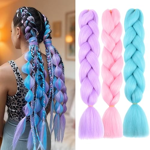 Miniatura 1 de Paquete de 3 extensiones de cabello trenzado de colores de 24 pulgadas, extensiones de cabello sintético de colores para trenzar, cabello trenzado
