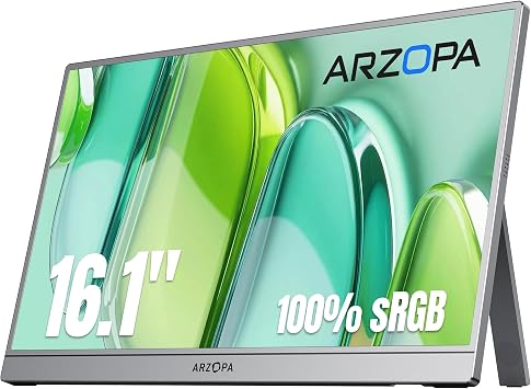ARZOPA 16.1" Portable Monitor FHD 1080P, 100% sRGB IPS Eye Care Screen with Adjustable Kickstand, High Colour Gamut Slim Laptop Display for Office & Entertainment   Z1C GREY
