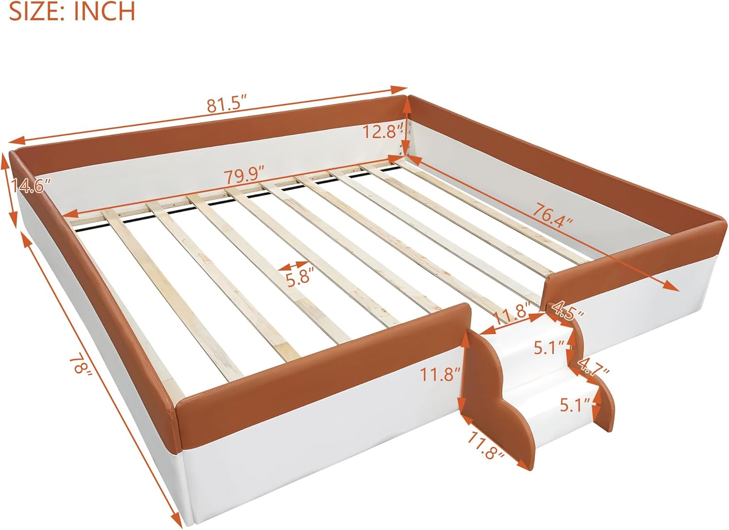 Merax King Size Kids Floor Bed, Daybed Frame with Fence and Stairs, Upholstered Wood Bed for Living Room, White+Brown King Brown+white