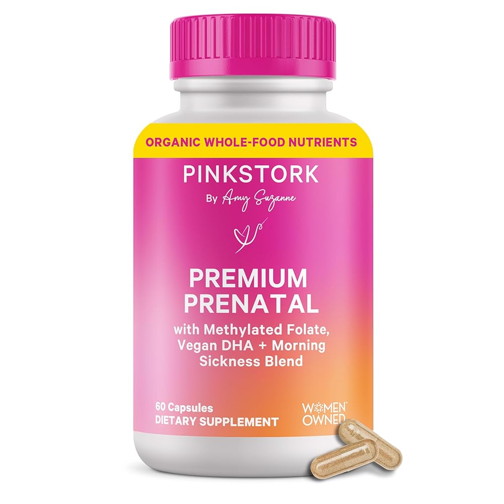 Pink Stork Premium Prenatal Vitamins for Women - Organic Whole-Food Blend with Methylated Folate, Choline, Iron & Vegan DHA - Doctor-Formulated Multivitamin & Probiotic - Gentle on Stomach, 60 Count