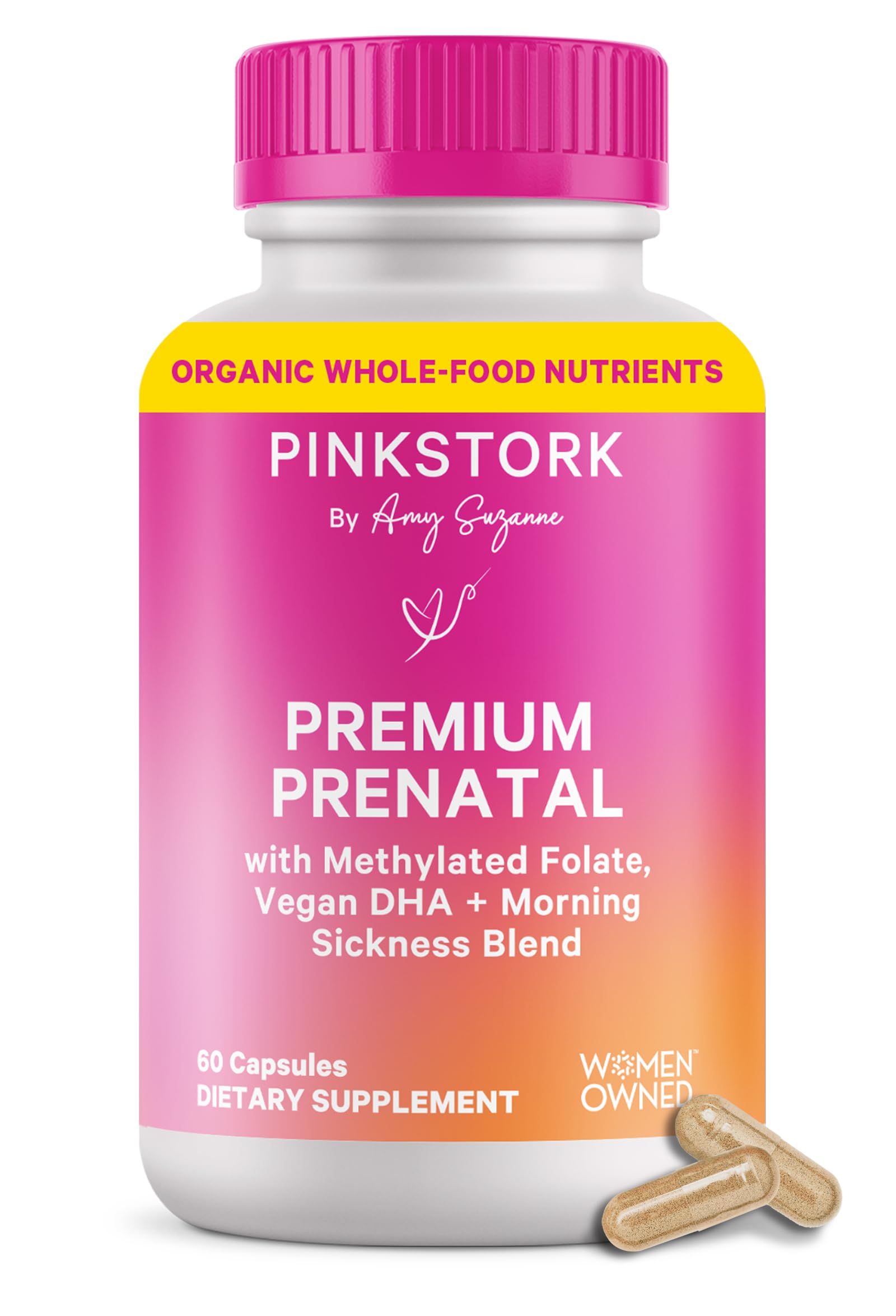 Pink Stork Premium Prenatal Vitamins for Women – Organic Whole-Food Blend with Methylated Folate, Choline, Iron & Vegan DHA – Doctor-Formulated Multivitamin & Probiotic – Gentle on Stomach, 60 Count