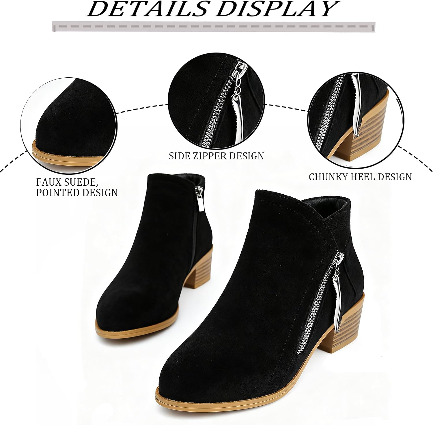 Women'S Suede Chunky Heel Walking Ankle Boots With Side Zipper Retro Pointed Toe Low Block Heel Comfortable Work Boots Stylish Everyday Non-Slip Boot
