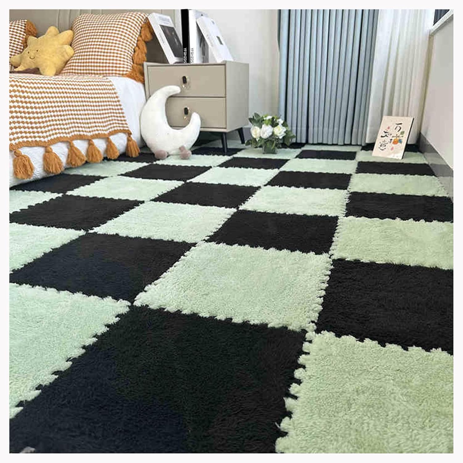 JvFbjLF Interlocking Foam Play Mat DIY Puzzle Foam Floor Rug 50pcs 30x30cm Square Foam Mats(Black+Green)