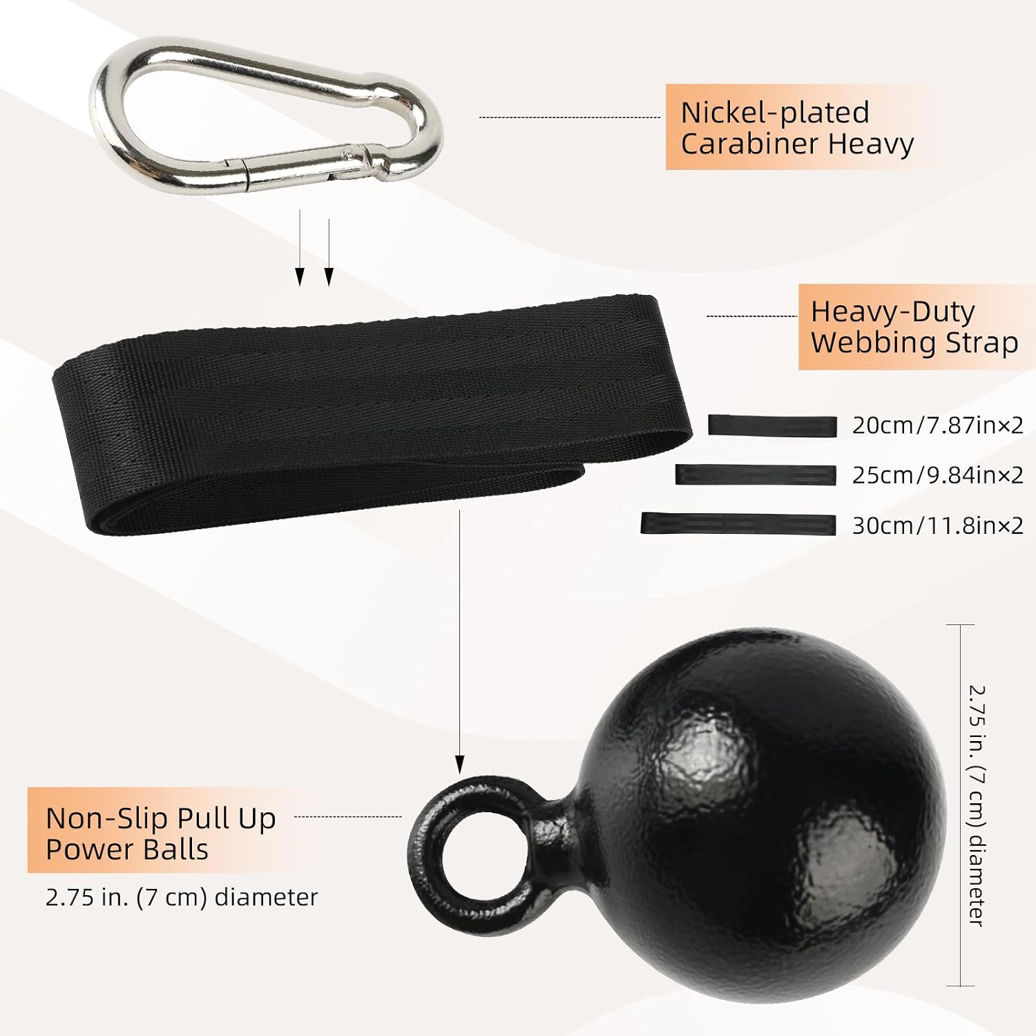 Non-Slip Iron Pull Up Grips and Cannonball Handles,3-Length Straps & Carabiners, Grip Strength Trainer for Pull-Up Bar, Dead Hangs, Forearm & Hand Training, Home Gym Gear