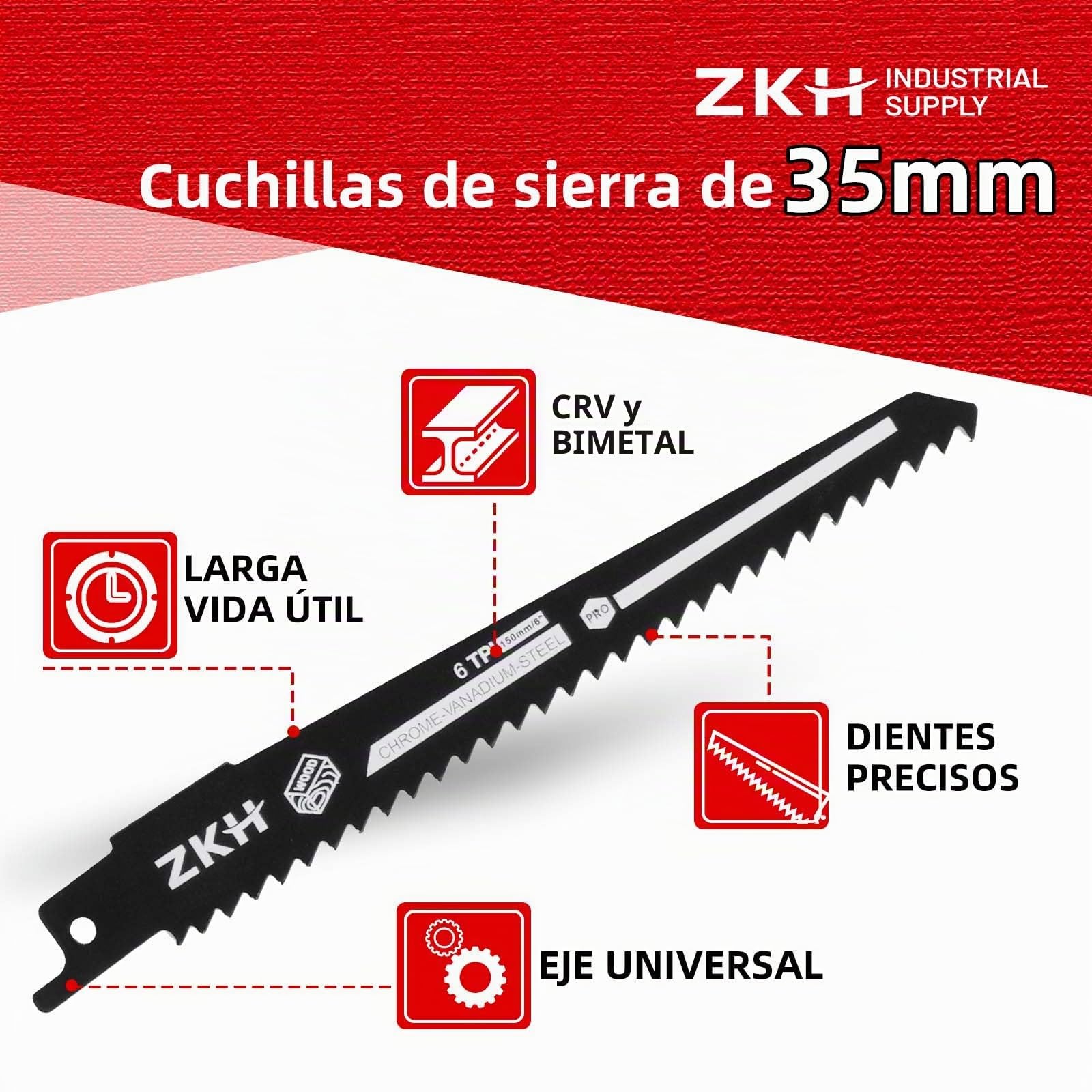 ZKH Hojas de Sierra Sable 35PCS, 13pz BI-METAL y 22pz CRV, Juego de Hojas de Sierra de Sable para Cortar Madera, Metal y Acero, Cuchilla de Sierra para Cortes Rápidos y Limpios con Bolsa de Almacenaje