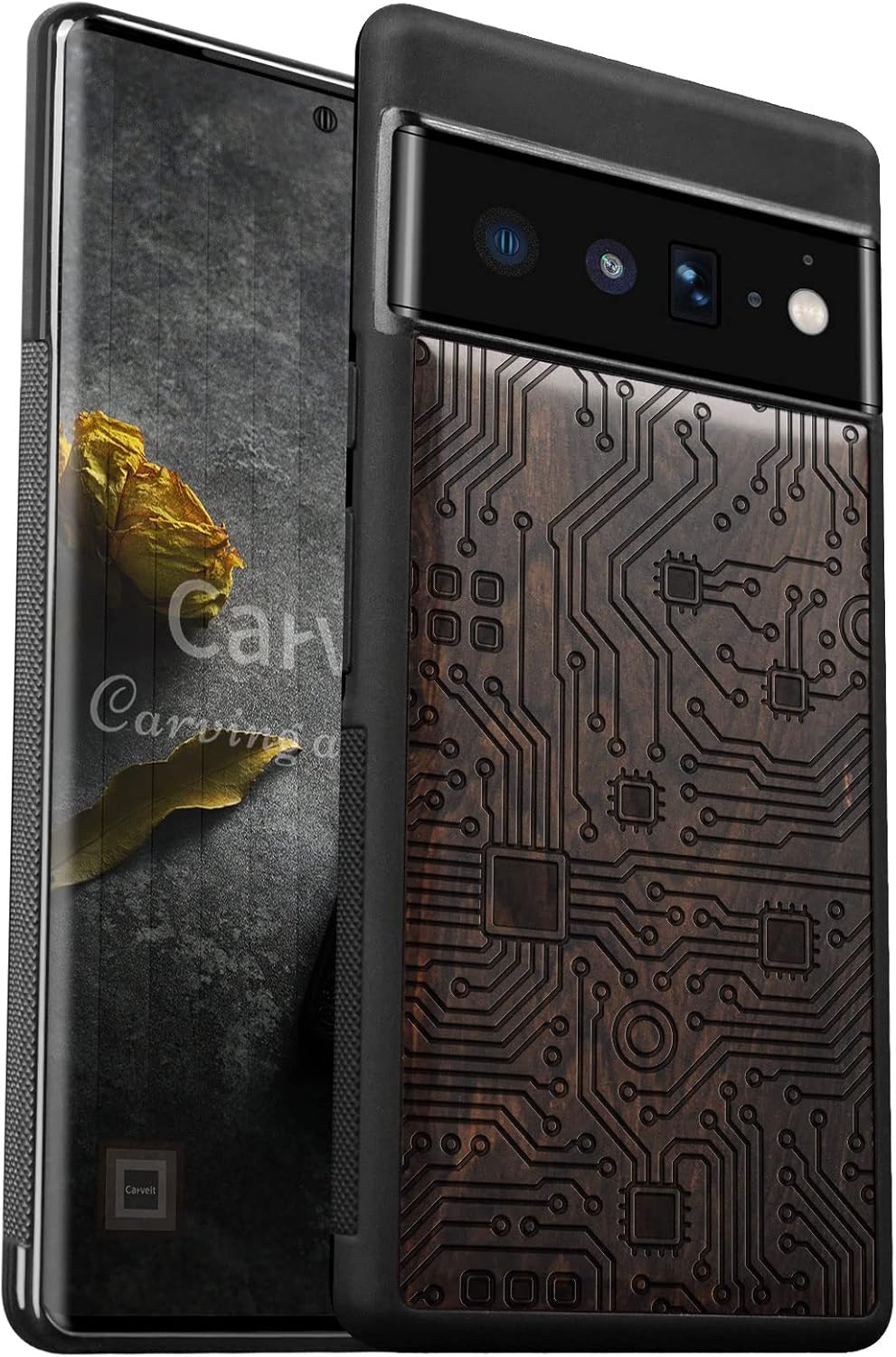 Carveit Wood Case for Pixel 6 Pro Case [[Natural Wood & Soft TPU] Shockproof Protective Unique & Classy Wooden Cover Compatible with Google Pixel 6 Pro (Motherboard-Blackwood)