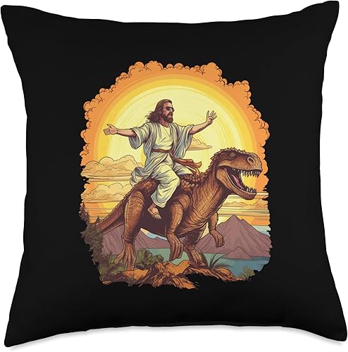 Humorous Christian Jesus Prehistoric Dino Riding Funny Jesus Riding T-Rex Dinosaur Meme Parody for Believers - Almohada de 18 x 18 pulgadas,