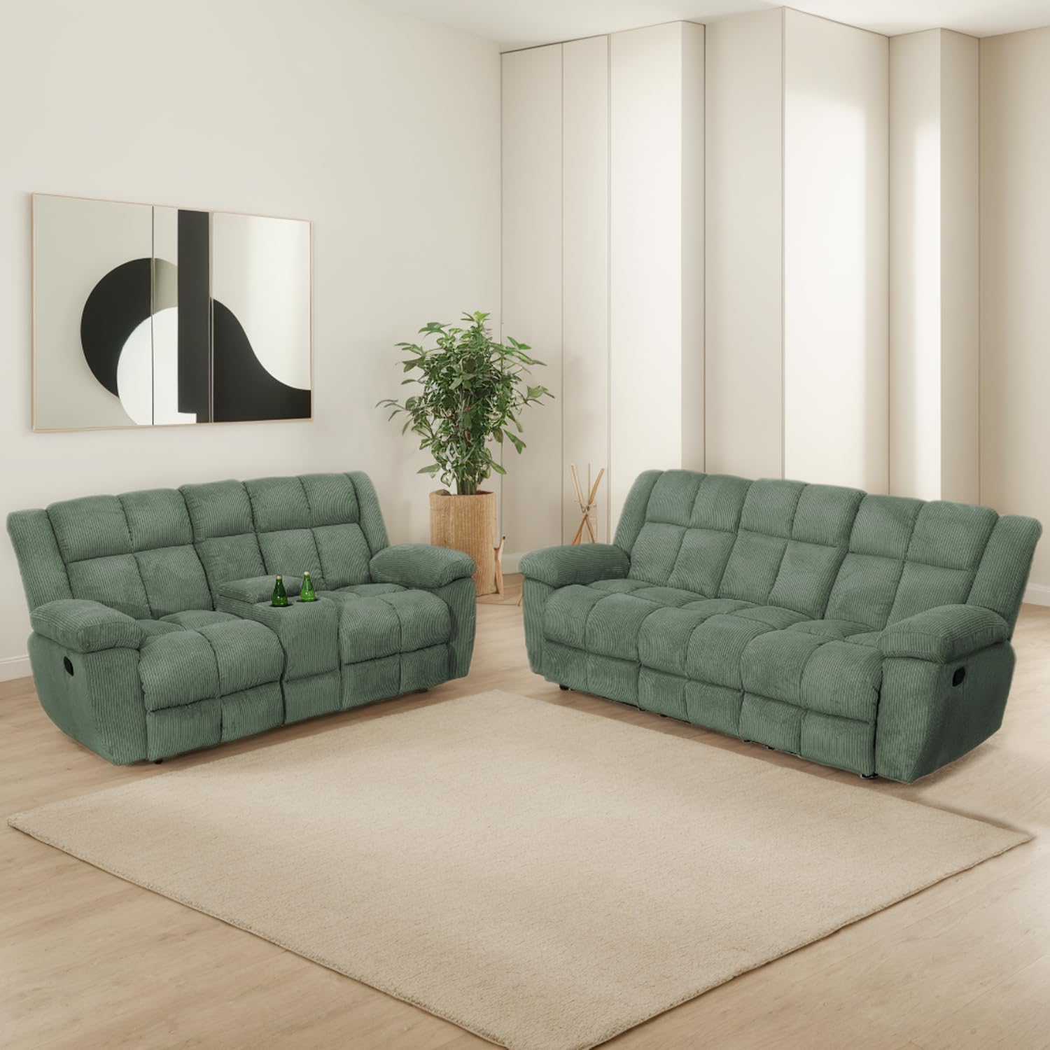 Manual Recliner Sofa Set,Corduroy Reclining Couch Set,Modern Living Room Furniture Set,Reclining Sofa Couch Chair for Living Room Home Office(Green,