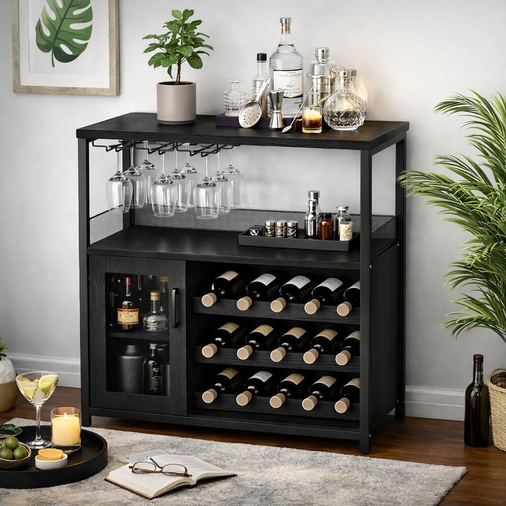 IDEALHOUSE 3-Tier Wine Bar Cabinet Black - Removable Rack, Mesh Door, Adjustable Shelves for Coffee Station & Buffet Storage