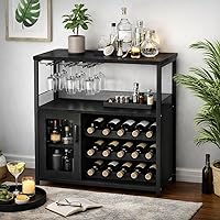 IDEALHOUSE 3-Tier Wine Bar Cabinet Black - Removable Rack, Mesh Door, Adjustable Shelves for Coffee Station & Buffet Storage