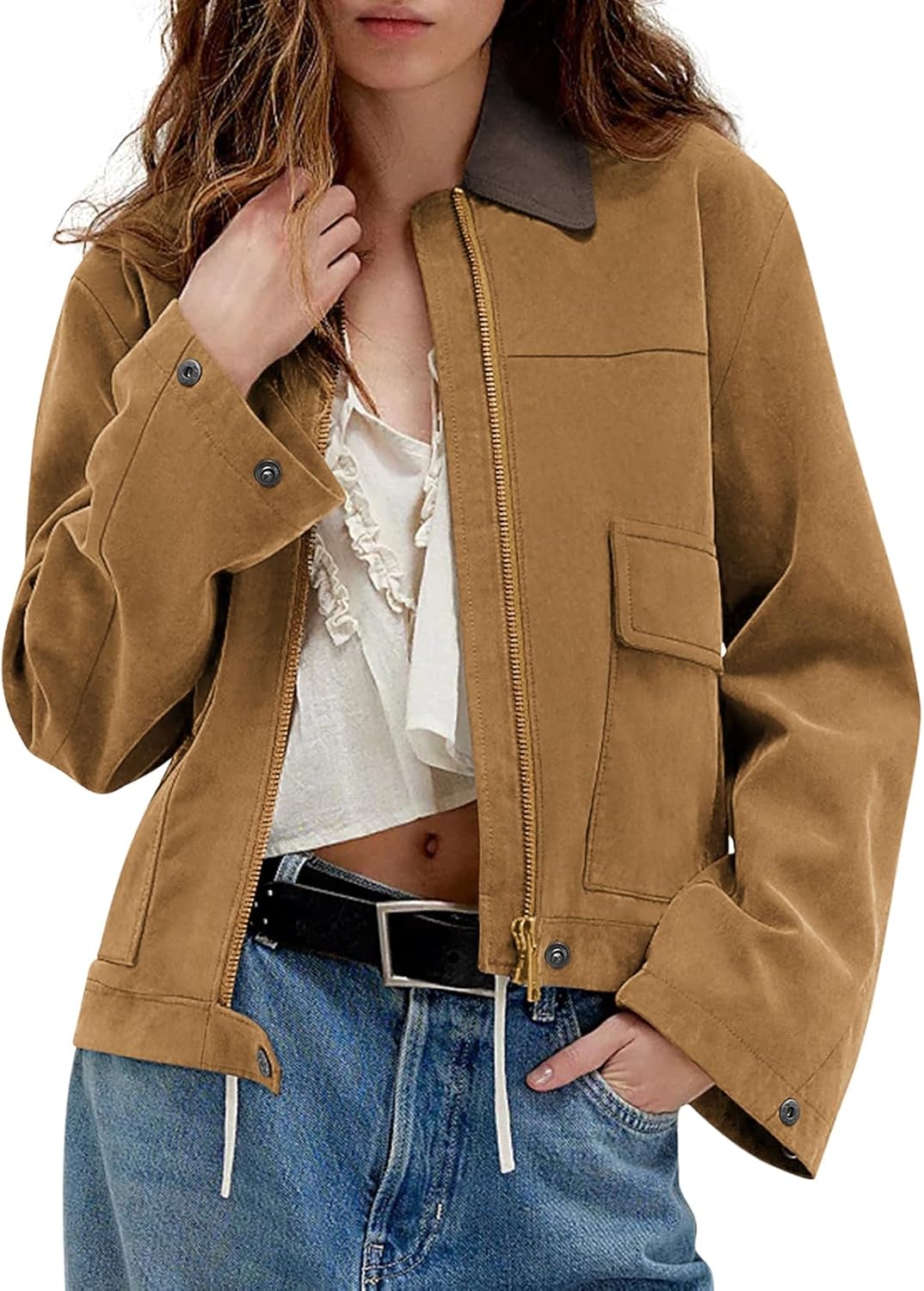 COCCKO Women's Faux Suede Cropped Jacket Casual Zip Up Jackets Contrast Collar Fleece Winter Coats Outerwear with Pockets