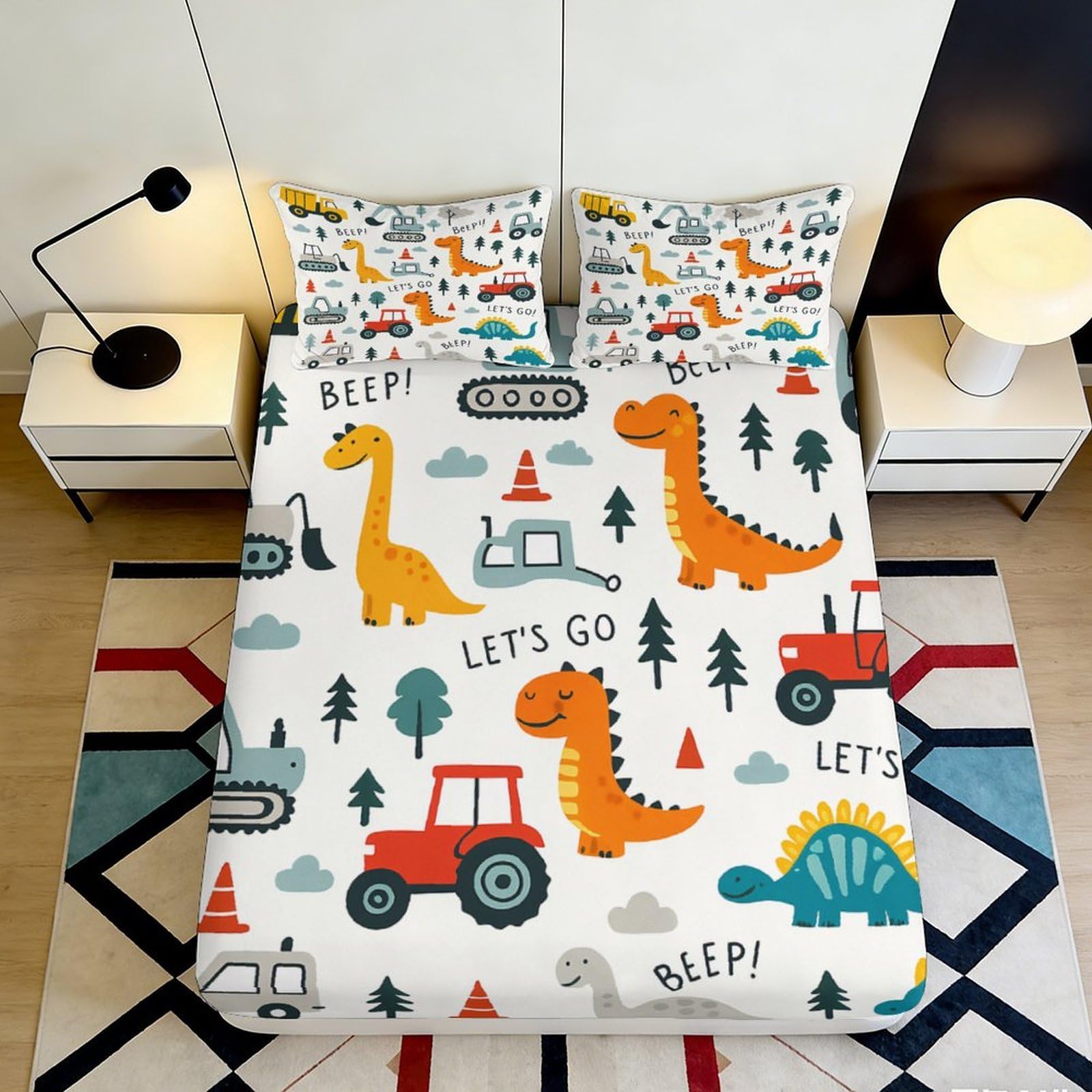 3D Printed Cartoon Dinosaur Fitted Sheet Microfiber Soft Anti-Slip Tractor Bed Cover for Bedroom Dorm Decor 90x200x25cm