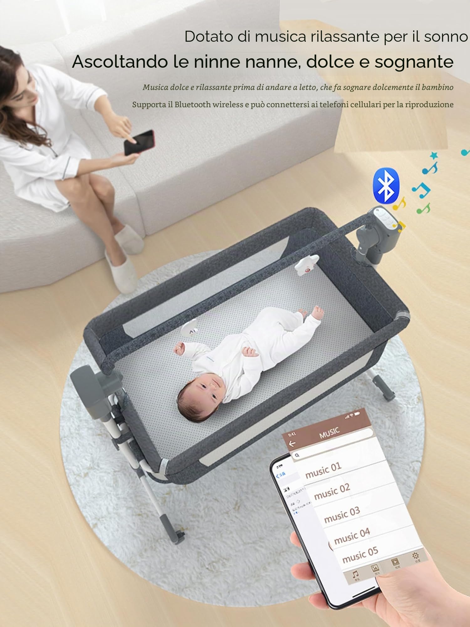 Magic ZC Elettrico Bluetooth Intelligente Culla Neonato Next to me, Convertibile Culla Co-sleeping, Telecomando e 5 Ingranaggi Oscillanti, Pieghevole Neonato Fianco Letto con Musica (601 Khaki)