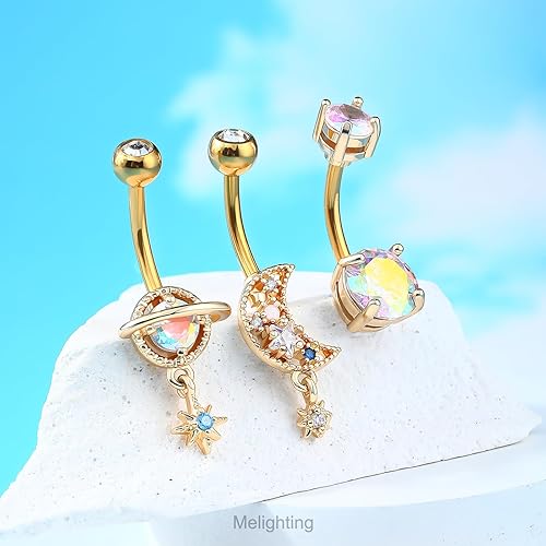Miniatura 4 de Melighting Piercing de ombligo de acero inoxidable 316L azul de 14G para mujer, circonita cúbica transparente, planeta, ombligo, luna, ombligo,